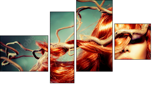 Fashion Model Woman Portrait with Long Curly Red Hair  - Obraz czteroczęściowy, Fortyk