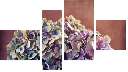purple hydrangea flowers and a wooden heart on a table.  - Obraz czteroczęściowy, Fortyk