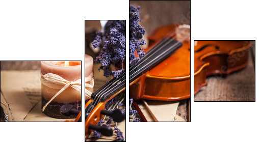 Vintage composition with violin and lavender  - Obraz czteroczęściowy, Fortyk
