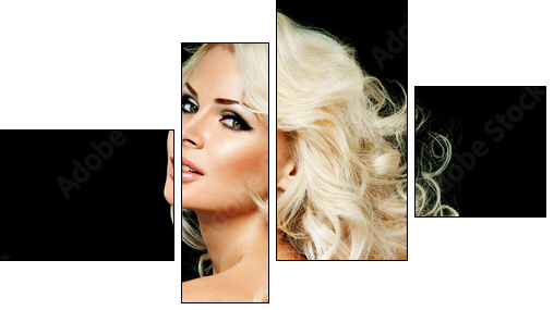 beautiful blonde woman  with perfect curly hair  - Obraz czteroczęściowy, Fortyk