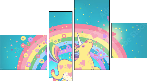 Unicorn rainbow in the clouds  - Obraz czteroczęściowy, Fortyk