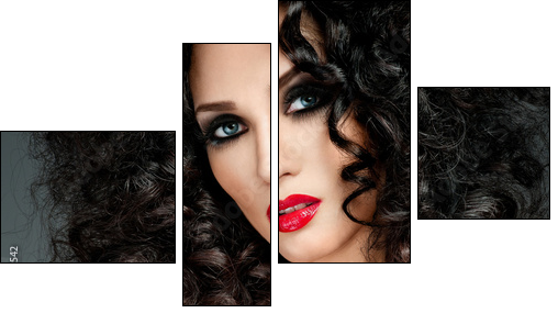 beautiful brunette with gorgeous curly hair  - Obraz czteroczęściowy, Fortyk