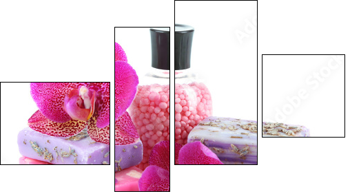 Sea salt, soap and orchid isolated on white  - Obraz czteroczęściowy, Fortyk