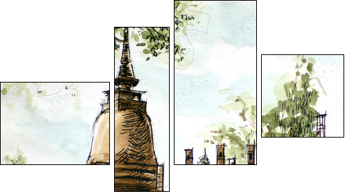 thailand ancient  temple water color painting  - Obraz czteroczęściowy, Fortyk