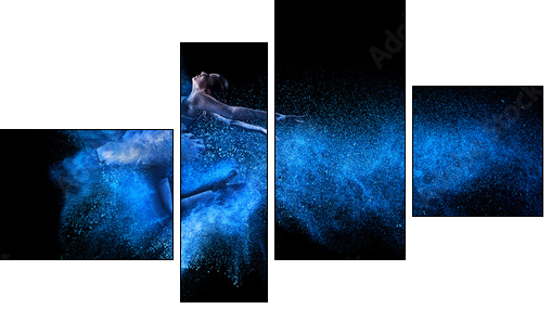 Young beautiful dancer jumping into blue powder cloud  - Obraz czteroczęściowy, Fortyk