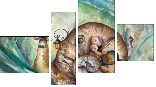 Snail with his house.Picture created with watercolors.  - Obraz czteroczęściowy, Fortyk