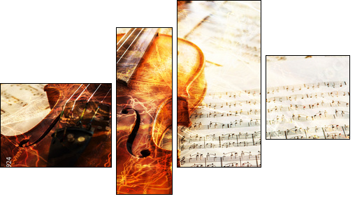 Old violin lying on the sheet of music  - Obraz czteroczęściowy, Fortyk