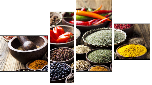 Spices on wooden bowl background   - Obraz czteroczęściowy, Fortyk