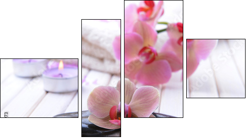 Still life with beautiful blooming orchid flower, towel and spa  - Obraz czteroczęściowy, Fortyk