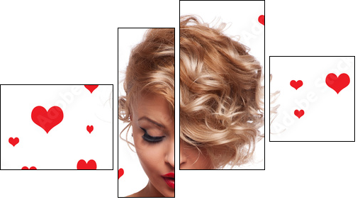 Beautiful woman with glamour bright makeup and red hear  - Obraz czteroczęściowy, Fortyk