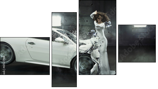 Alluring fashionable lady in the middle of car crash  - Obraz czteroczęściowy, Fortyk