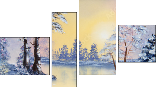 Painting of a pond in Winter  - Obraz czteroczęściowy, Fortyk