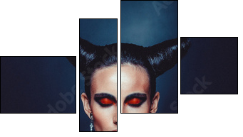 Beautiful woman in carnival costume. witch shape with Horns.  - Obraz czteroczęściowy, Fortyk
