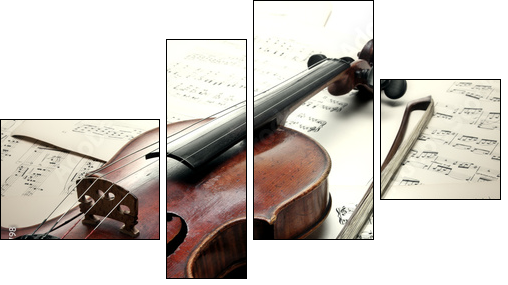 Old scratched violin with sheet music. Vintage style.  - Obraz czteroczęściowy, Fortyk