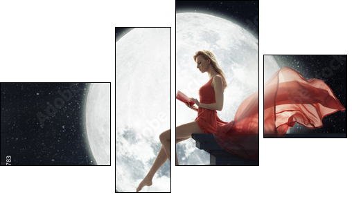 Cute woman over full moon background  - Obraz czteroczęściowy, Fortyk