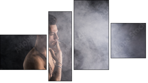 Shirtless young man smoking cigarette with a lot of smoke around  - Obraz czteroczęściowy, Fortyk
