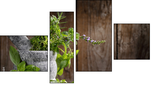 herbs in mortar  - Obraz czteroczęściowy, Fortyk
