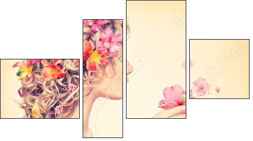 Beauty girl takes beautiful flowers in her hands  - Obraz czteroczęściowy, Fortyk