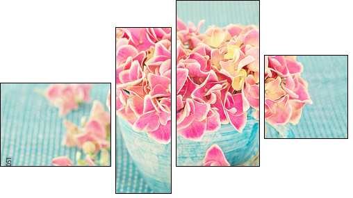 Pink hydrangea flowers in a cup on a blue background .  - Obraz czteroczęściowy, Fortyk