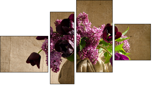 Beautiful bouquet of tulips with sprigs of lilac in a vase on a  - Obraz czteroczęściowy, Fortyk