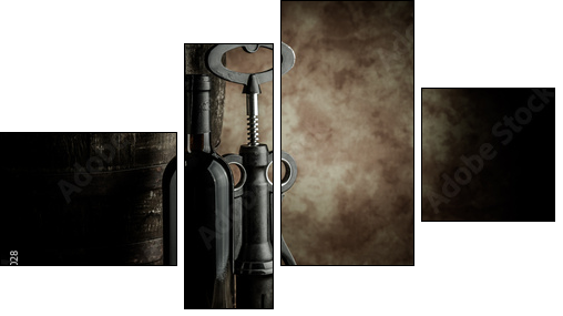 wine glass bottle and barrel  - Obraz czteroczęściowy, Fortyk