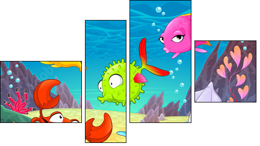 Funny happy animals under the sea.  - Obraz czteroczęściowy, Fortyk
