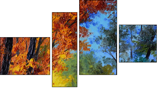 Oil Painting - autumn forest with a river  - Obraz czteroczęściowy, Fortyk