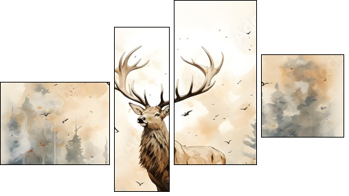 Masterful Brushstrokes: Juxtaposed Elk Painting in Minimalist Nature Study - Obraz czteroczęściowy, Fortyk