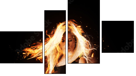 Burning girl with flaming guitar on black background  - Obraz czteroczęściowy, Fortyk