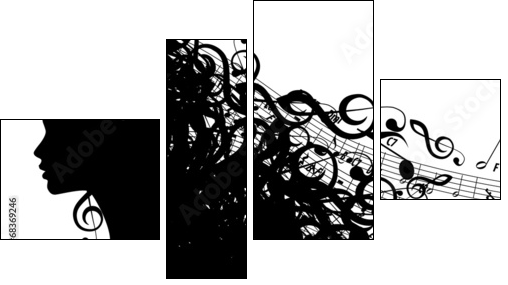 Vector Silhouette of Female Head with Musical Symbols  - Obraz czteroczęściowy, Fortyk