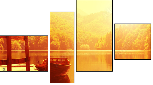 Wooden boat at pier on mountain lake  - Obraz czteroczęściowy, Fortyk