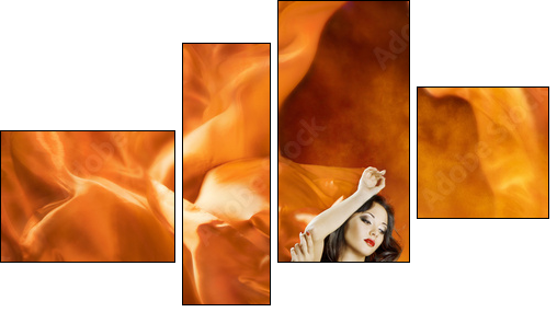 Woman dancing silk dress fire flame artistic orange portrait  - Obraz czteroczęściowy, Fortyk