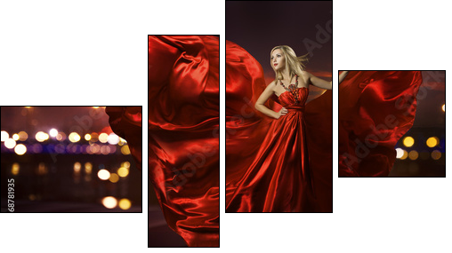 woman dancing in silk dress, artistic red blowing gown waving  - Obraz czteroczęściowy, Fortyk