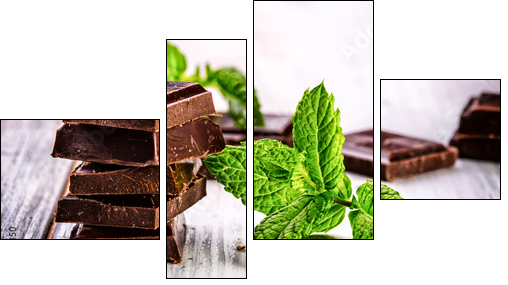 A few cubes of black chocolate with mint leaves on wooden table  - Obraz czteroczęściowy, Fortyk