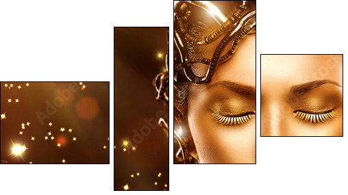 Model girl face with gold skin, nails, make-up and accessories  - Obraz czteroczęściowy, Fortyk