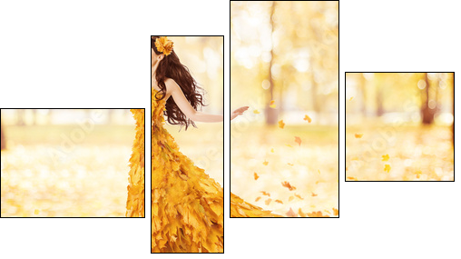 Autumn woman in fashion dress of fall maple leaves, artistic  - Obraz czteroczęściowy, Fortyk