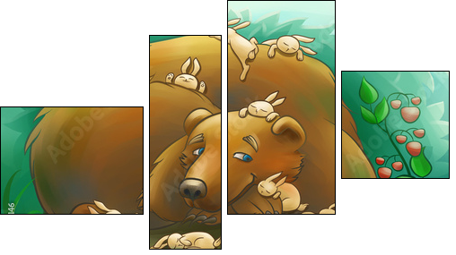 kind bear with the little rabbits  - Obraz czteroczęściowy, Fortyk