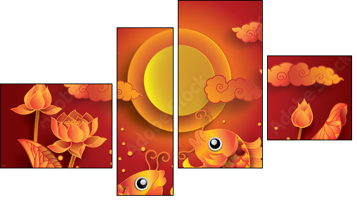 Golden koi fish with fullmoon  - Obraz czteroczęściowy, Fortyk