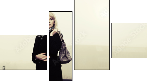 Young fashion woman with handbag on the foggy city street  - Obraz czteroczęściowy, Fortyk