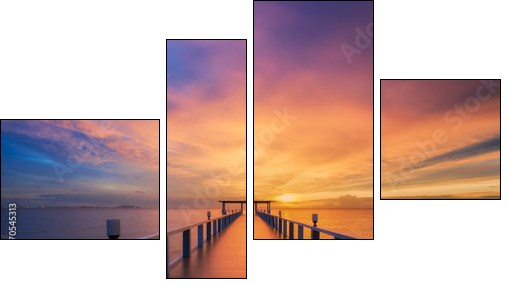 Wooded bridge in the port between sunrise.  - Obraz czteroczęściowy, Fortyk