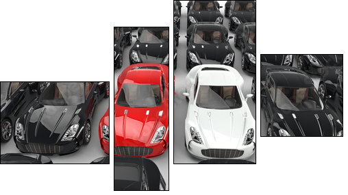 Stand out red and white cars among many black cars  - Obraz czteroczęściowy, Fortyk