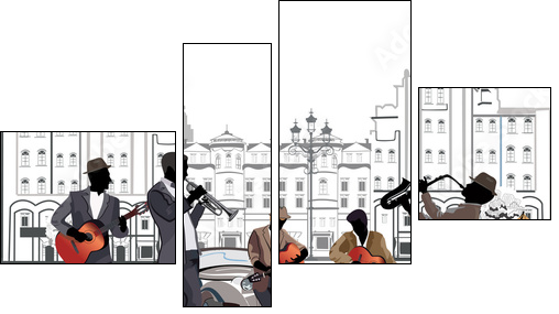 Series of street views with musicians  - Obraz czteroczęściowy, Fortyk