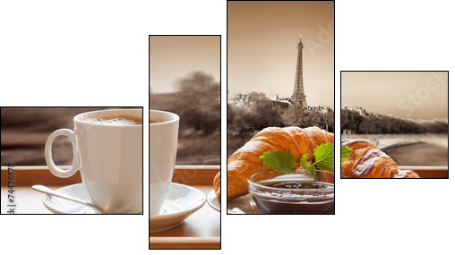Coffee with croissants against Eiffel Tower in Paris, France  - Obraz czteroczęściowy, Fortyk