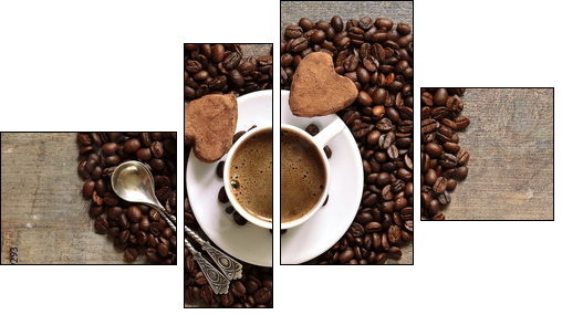Cup of coffee with heart-shaped chocolate truffles.  - Obraz czteroczęściowy, Fortyk