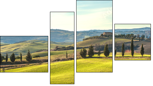 Artistic Tuscan landscape with cypresses, wavy fields and house  - Obraz czteroczęściowy, Fortyk