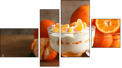 Tasty milk dessert with fresh tangerine pieces in glass bowl,  - Obraz czteroczęściowy, Fortyk