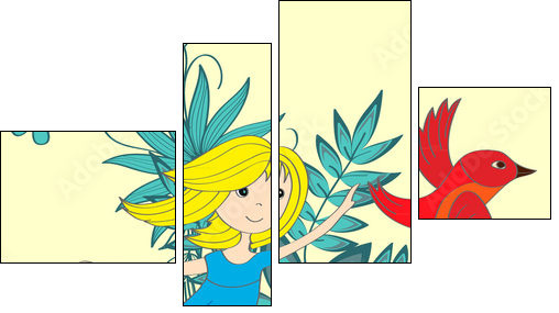 Flying little girl and magical red bird  - Obraz czteroczęściowy, Fortyk