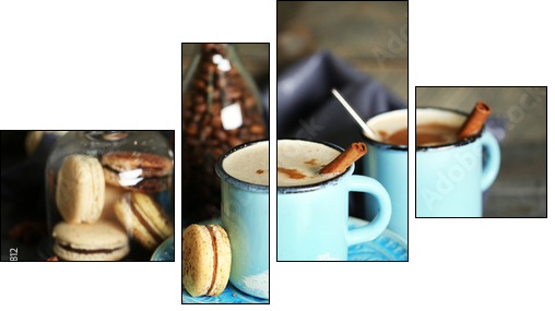 Beautiful composition with tasty cappuccino on wooden table  - Obraz czteroczęściowy, Fortyk