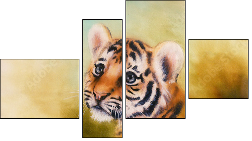 adorable baby tiger head looking out from a green  surroundings  - Obraz czteroczęściowy, Fortyk