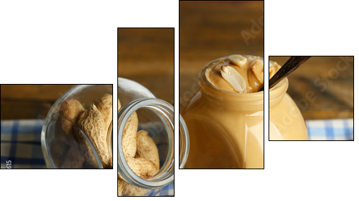 Fresh peanut butter in jar on wooden background  - Obraz czteroczęściowy, Fortyk